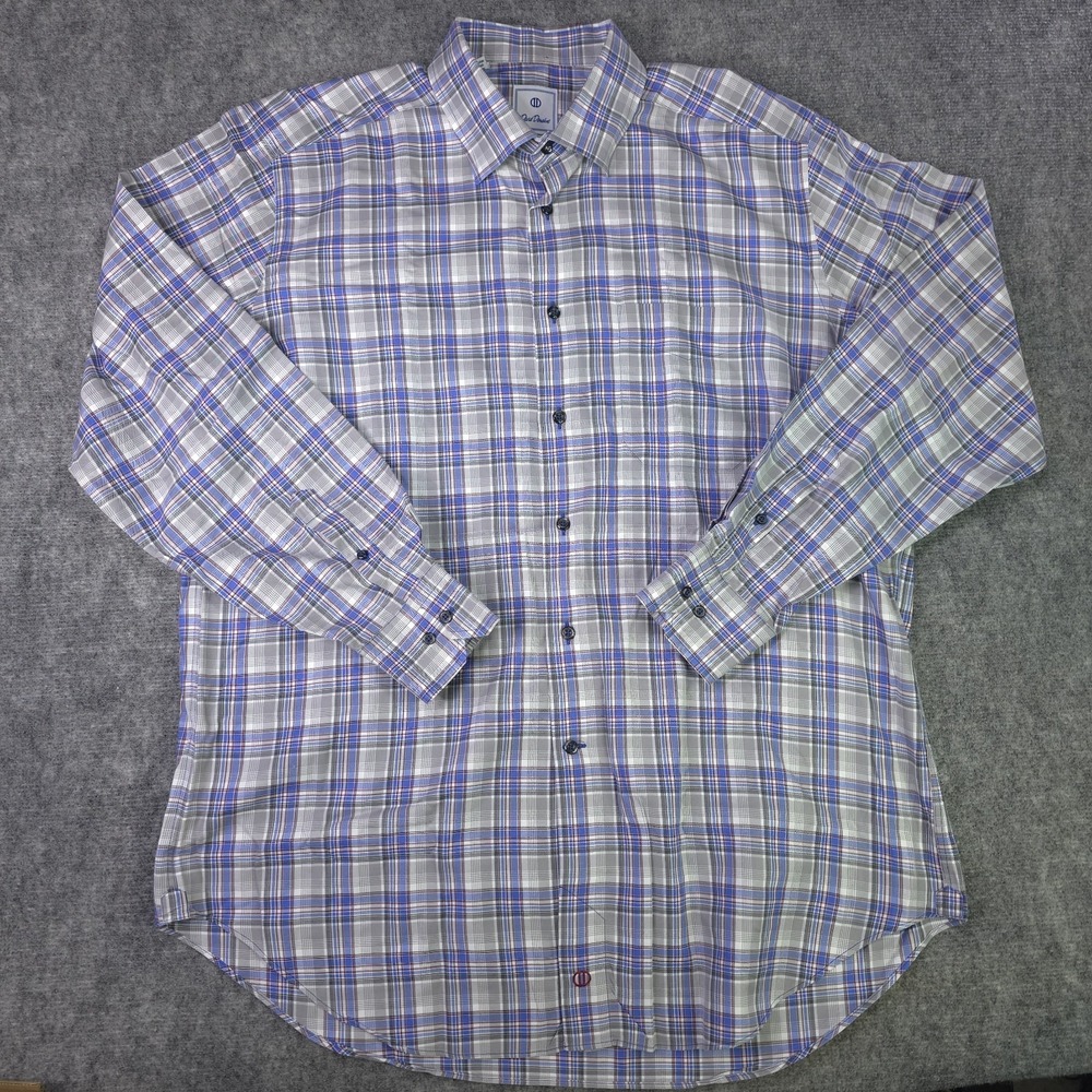 David Donahue Shirt XL Gray Blue Plaid Long Sleeve Button Up‎ Cotton